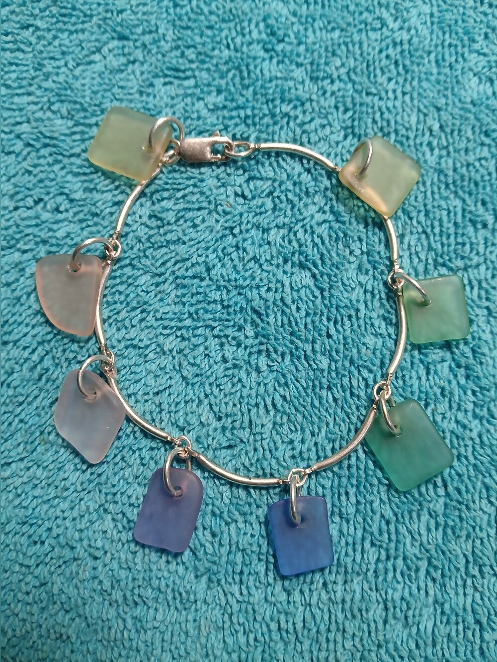 Green Blue Pink Sea Glass Bracelet With Silver Long Beads